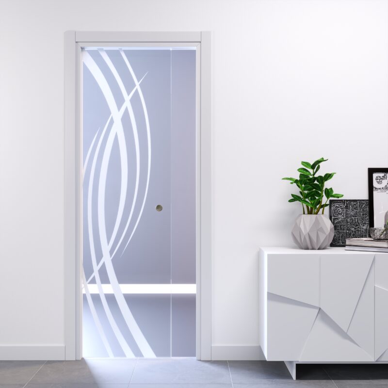 Clear glass cabinet door with sandblasted designs, FIP Porte