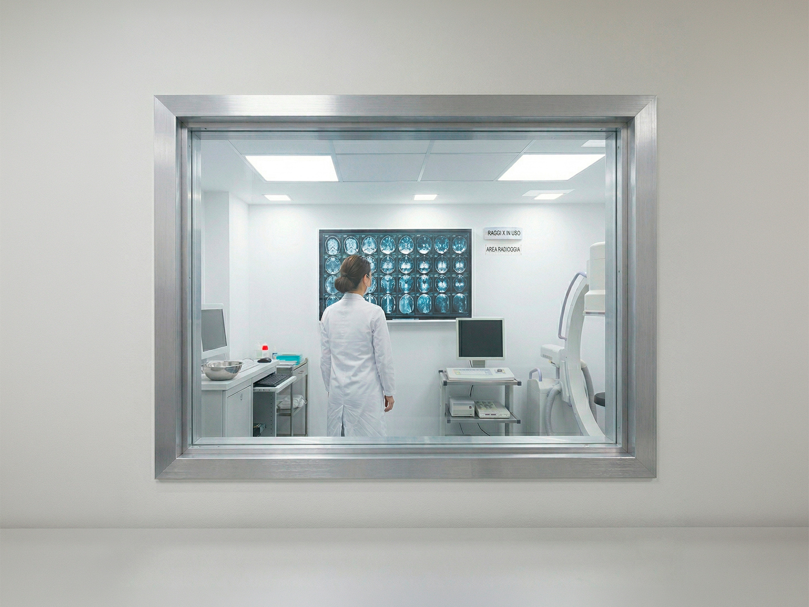 Radiation-shielded, X-ray-proof viewing window with frame FIP