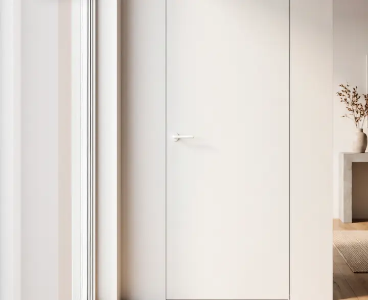 Porta filomuro FIP bianca a filo con la parete, senza coprifili, in un ambiente con parquet chiaro