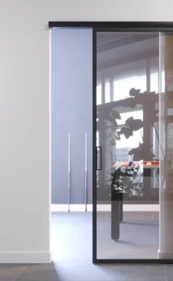 Sliding door with leaf configuration, Compact FIP Porte track, with reflective glass