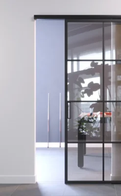Sliding door with leaf panels, Compact FIP Porte track, with reflective glass