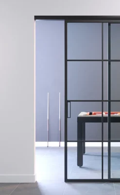 Double-panel sliding door with FIP Porte panels, featuring clear glass