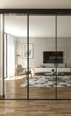 Four-door cabinet, with two fixed doors and two sliding doors (FIP Porte), featuring clear glass