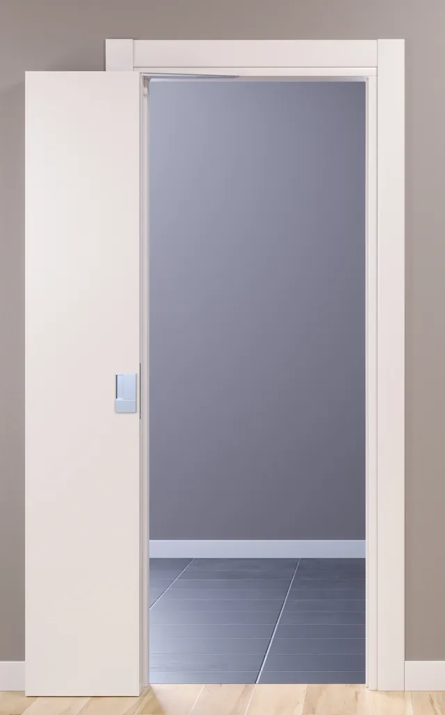 Porta a libro Fluid Motion aperta a 180 gradi, pacchetto appoggiato di piatto alla parete