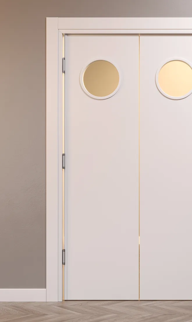 swing double-door unit with round portholes and a complete frame unit