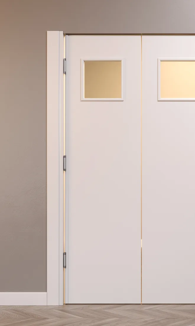 swing double-leaf door with rectangular portholes and a partial frame