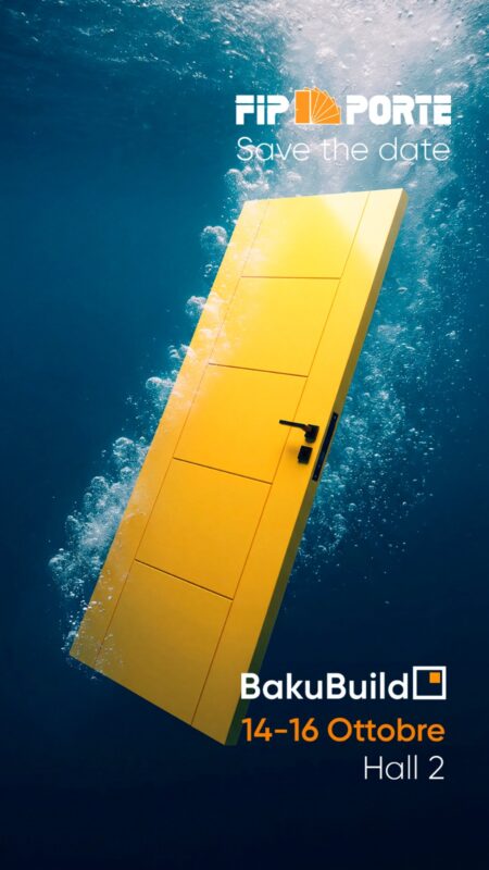 Porta gialla FIP Porte che affonda nell’acqua fra le bolle: BakuBuild 2026 a Baku, 14-16 ottobre, Hall 2