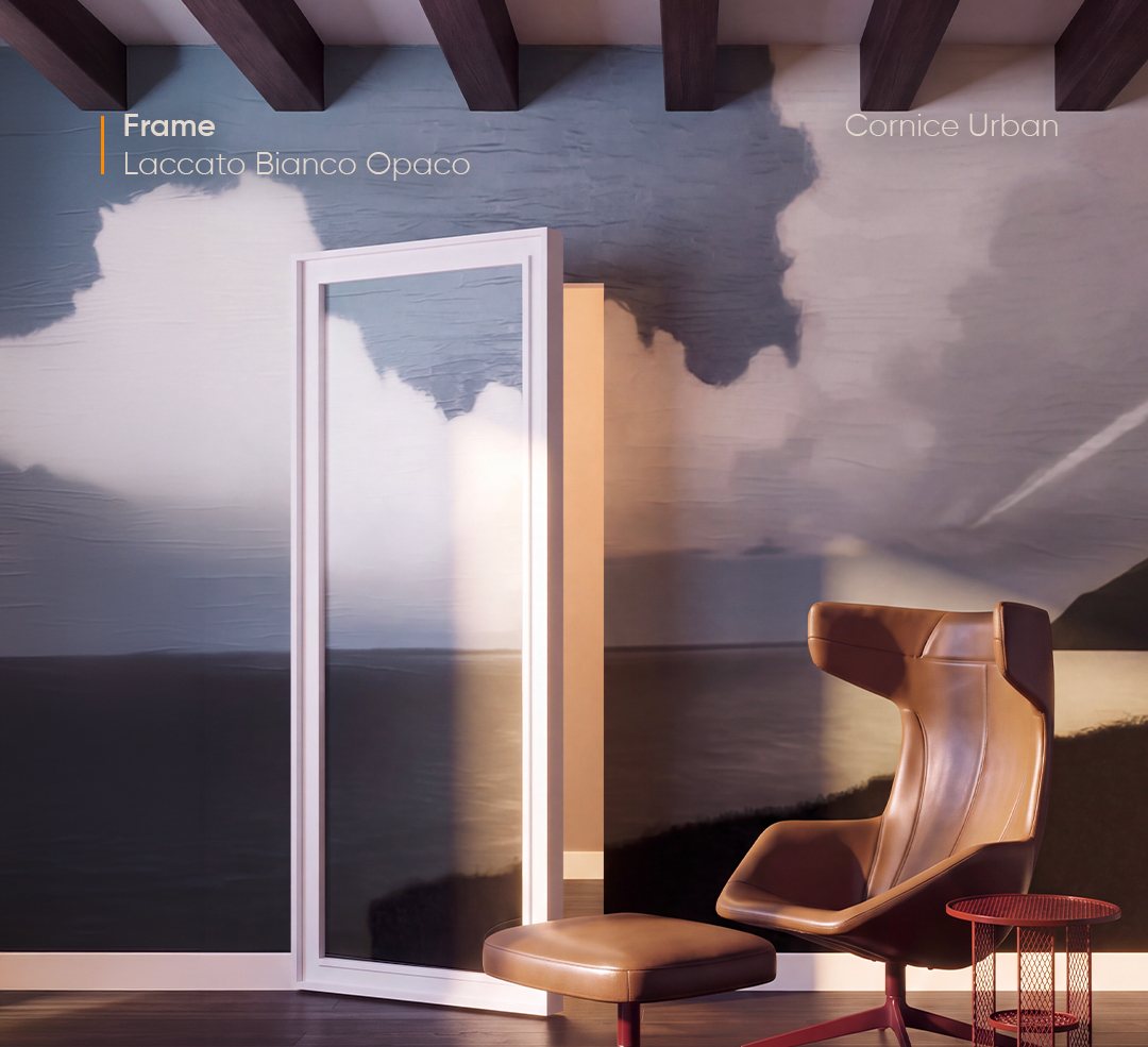 Porta Frames con cornice Urban laccata bianco opaco in una stanza con carta da parati