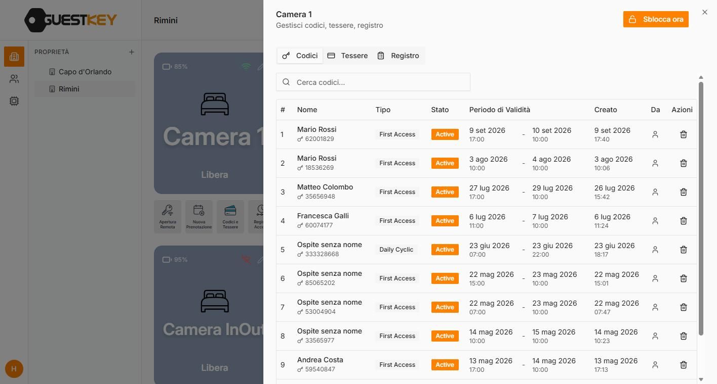 Gestionale GuestKey Cloud: il pannello codici