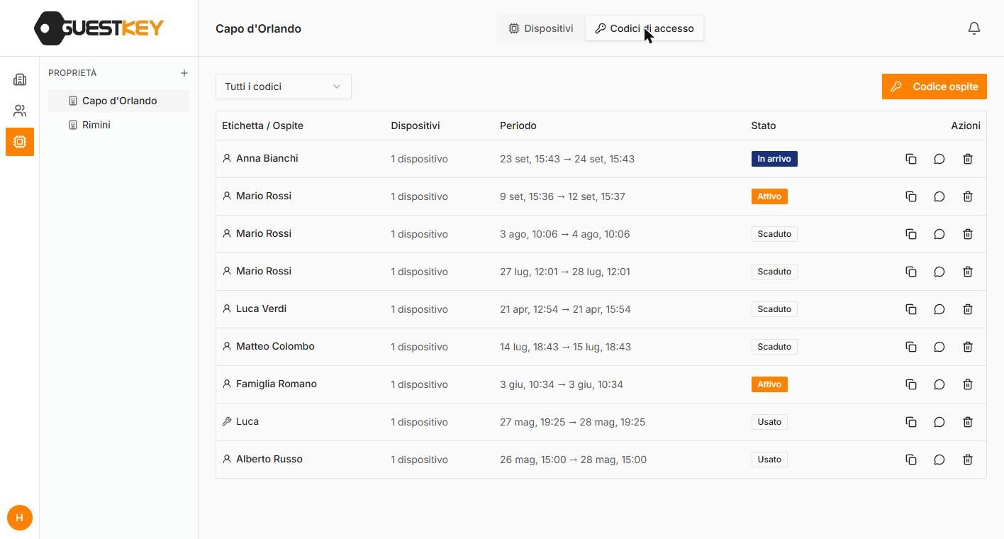 Gestionale GuestKey Cloud: codici temporanei per gli apriporta