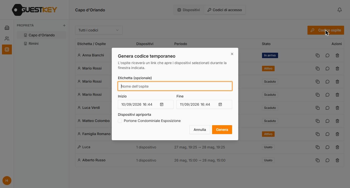 Gestionale GuestKey Cloud: generare un codice temporaneo