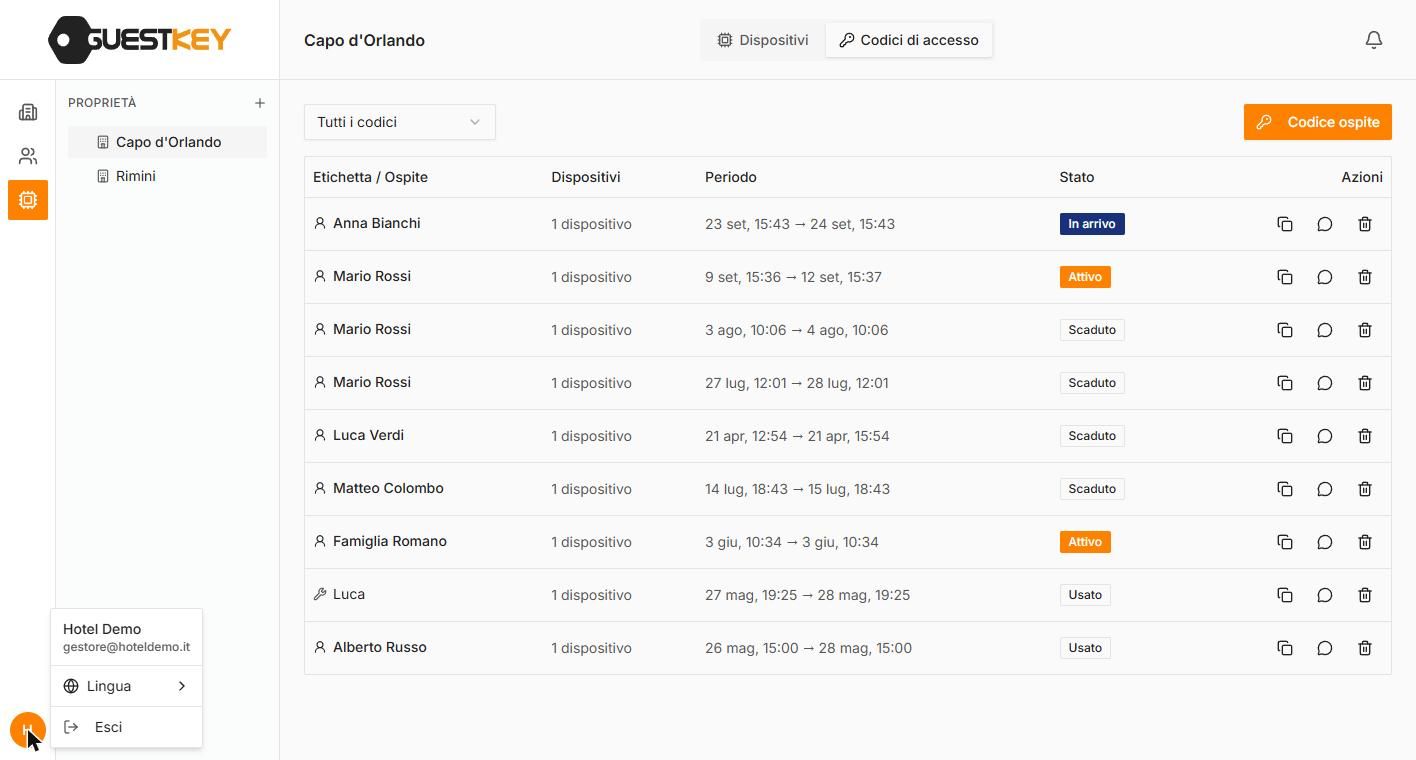 Gestionale GuestKey Cloud: lingua, notifiche e uscita
